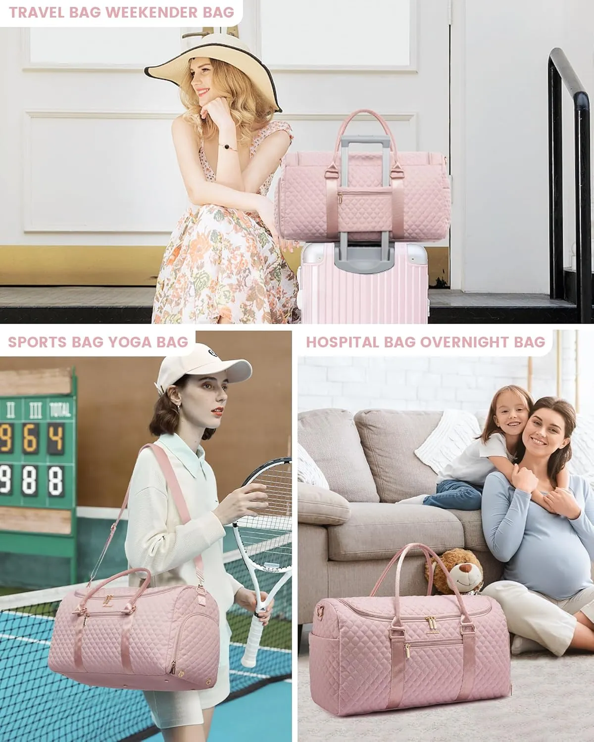 LOVEVOOK Travel Duffle Bag, 40L Weekender Overnight Bag with Toiletry Bag, Quilted Carry On Bag with Shoe Compartment, Gym Duffel Bag with Wet Pocket for Women, Hospital Bags for Labor and Delivery