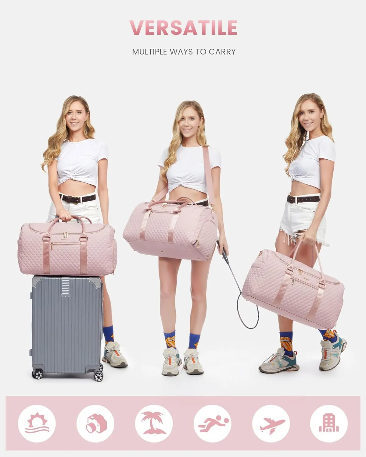 LOVEVOOK Travel Duffle Bag, 40L Weekender Overnight Bag with Toiletry Bag, Quilted Carry On Bag with Shoe Compartment, Gym Duffel Bag with Wet Pocket for Women, Hospital Bags for Labor and Delivery