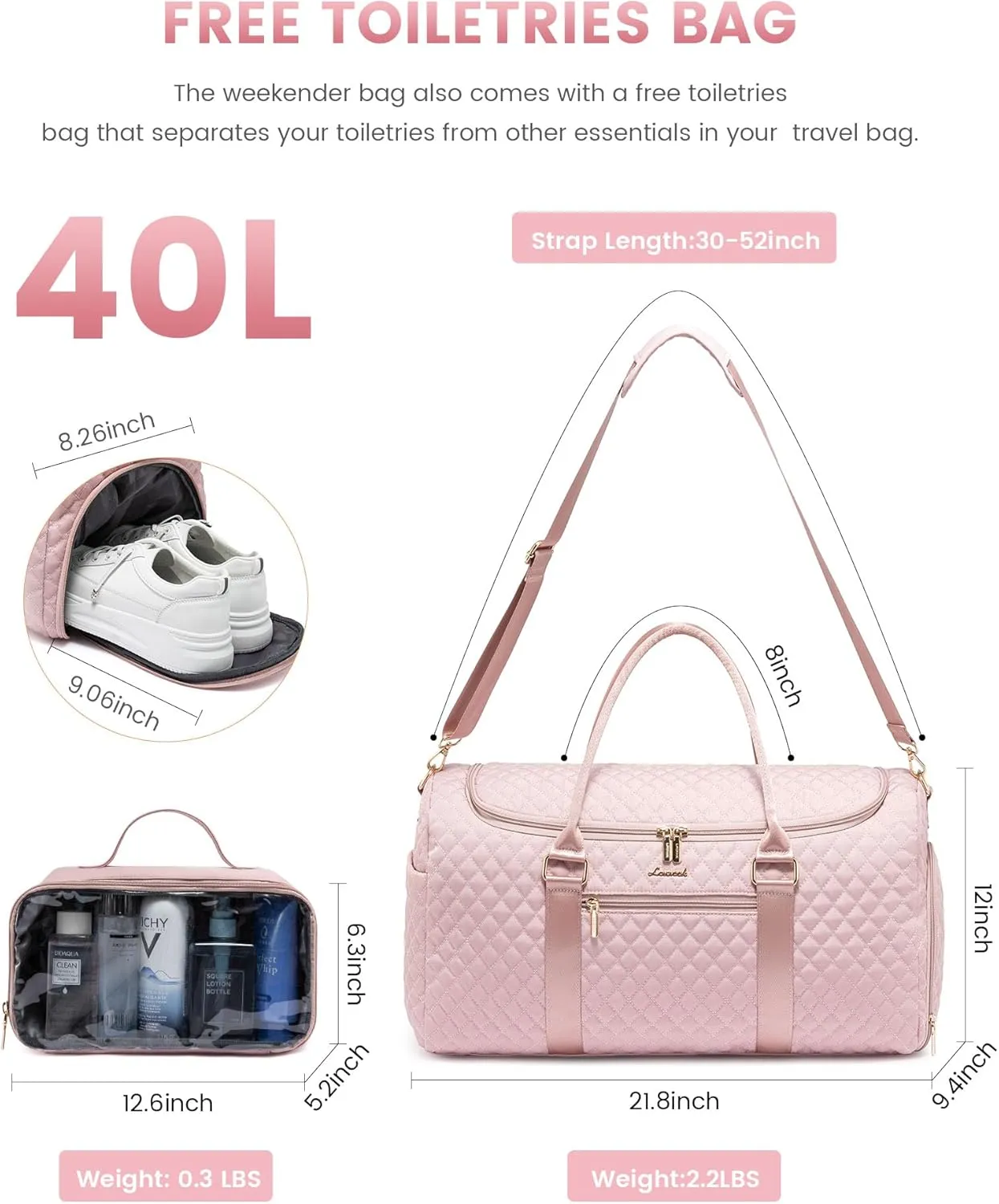 LOVEVOOK Travel Duffle Bag, 40L Weekender Overnight Bag with Toiletry Bag, Quilted Carry On Bag with Shoe Compartment, Gym Duffel Bag with Wet Pocket for Women, Hospital Bags for Labor and Delivery