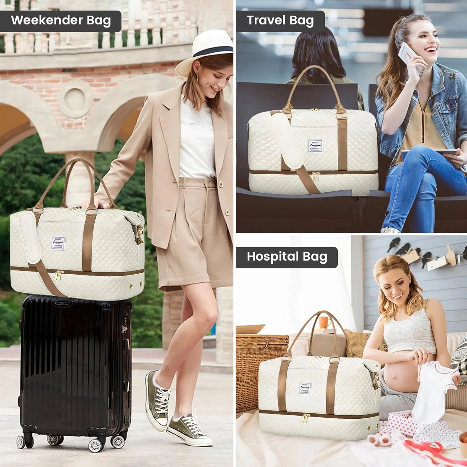 LOVEVOOK Travel Duffle Bag,Weekender Bags for Women with Shoe Compartment，Carry on Overnight Bag with Toiletry Bag,Gym Duffel Bag with Wet Pocket, Hospital Bags for Labor and Delivery