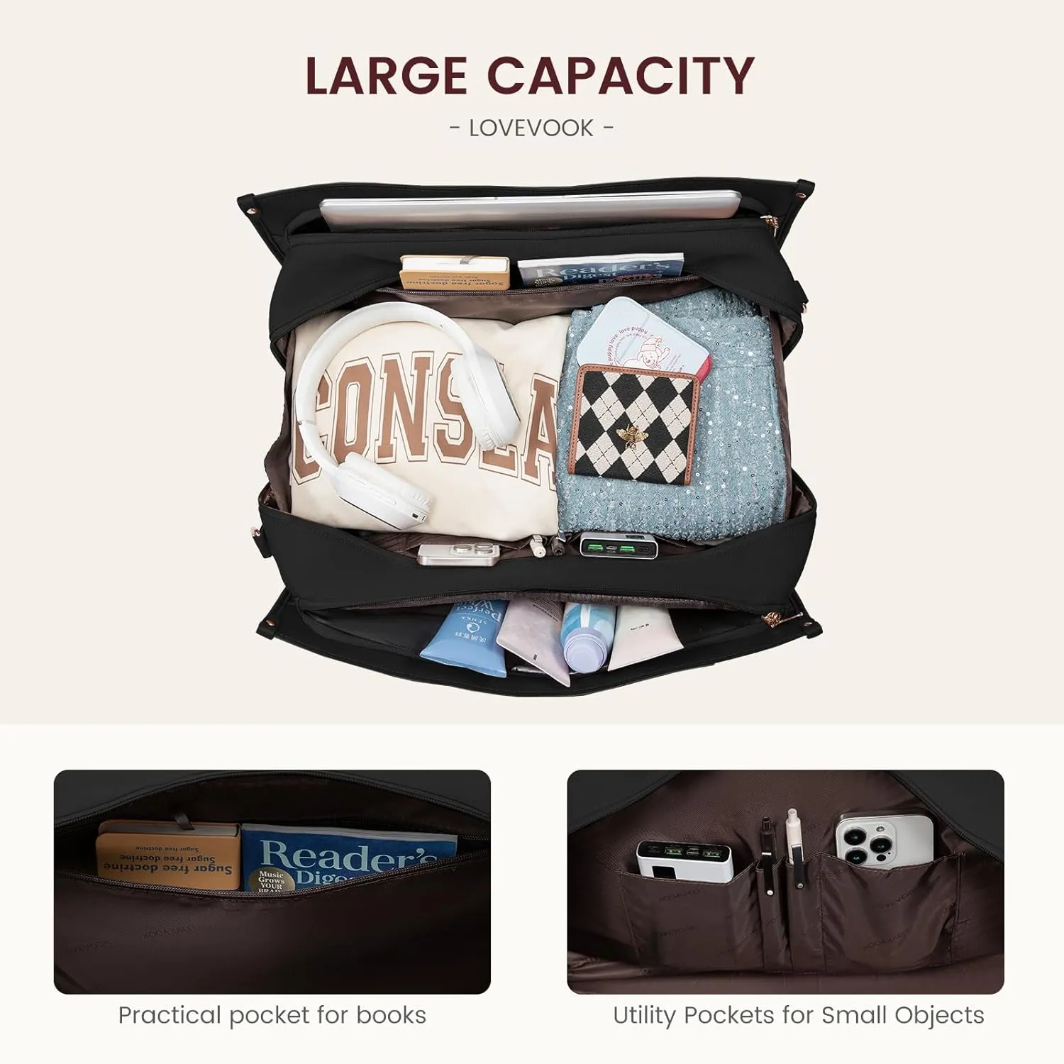 LOVEVOOK Weekender Bags for Women 18-21" Large Capacity Dual Material All-In-One Travel Duffle Carry On Bag with Laptop Compartment, Wet/Dry Separation for Overnight/Gym 1 Shoe Organizer, 2 Pockets