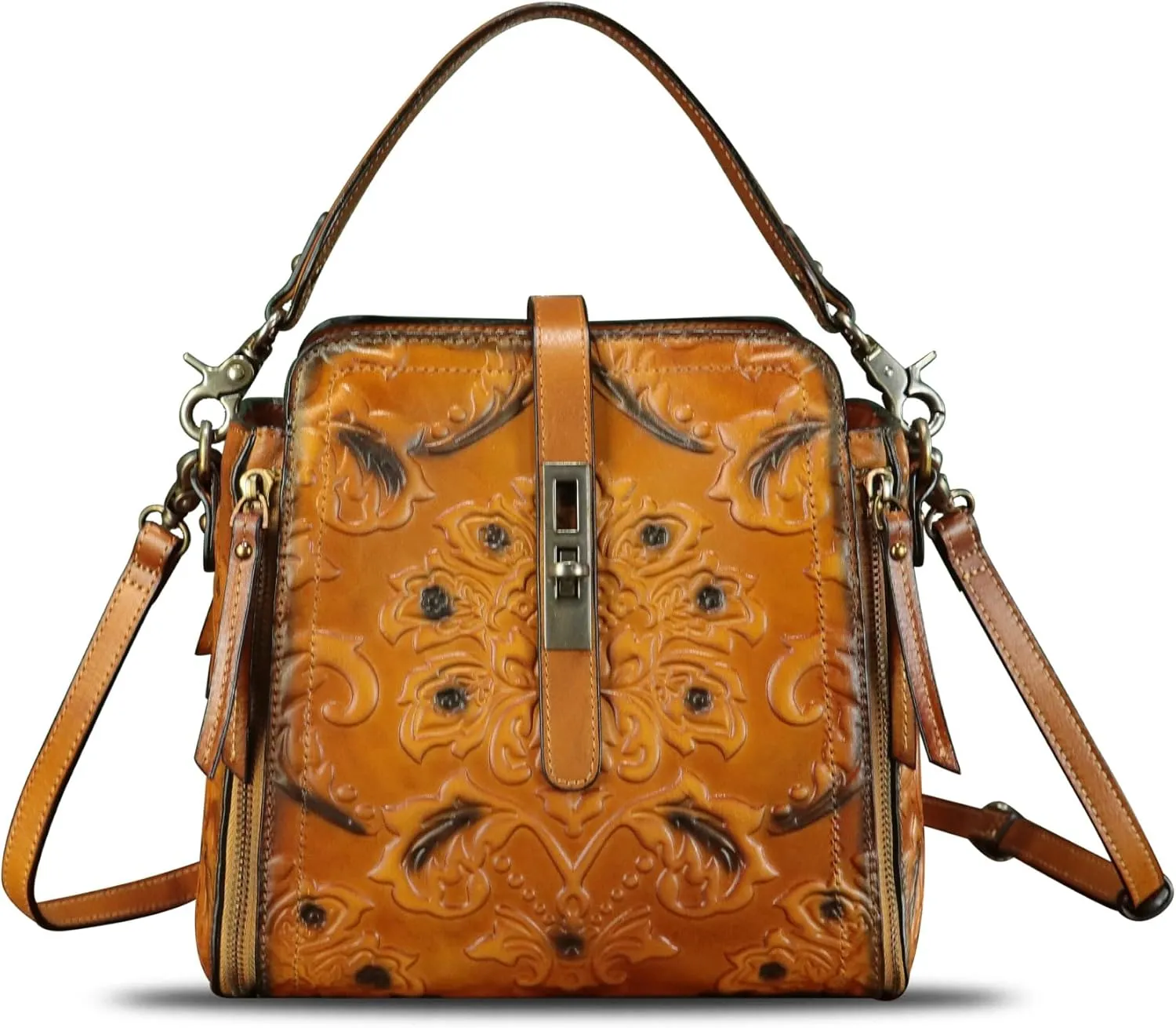 LRTO Genuine Leather Purses and Handbags for Women Retro Embossed Crossbody Shoulder Bag Satchel Pouch