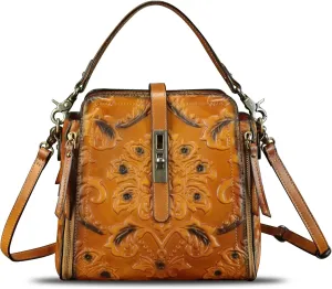 LRTO Genuine Leather Purses and Handbags for Women Retro Embossed Crossbody Shoulder Bag Satchel Pouch