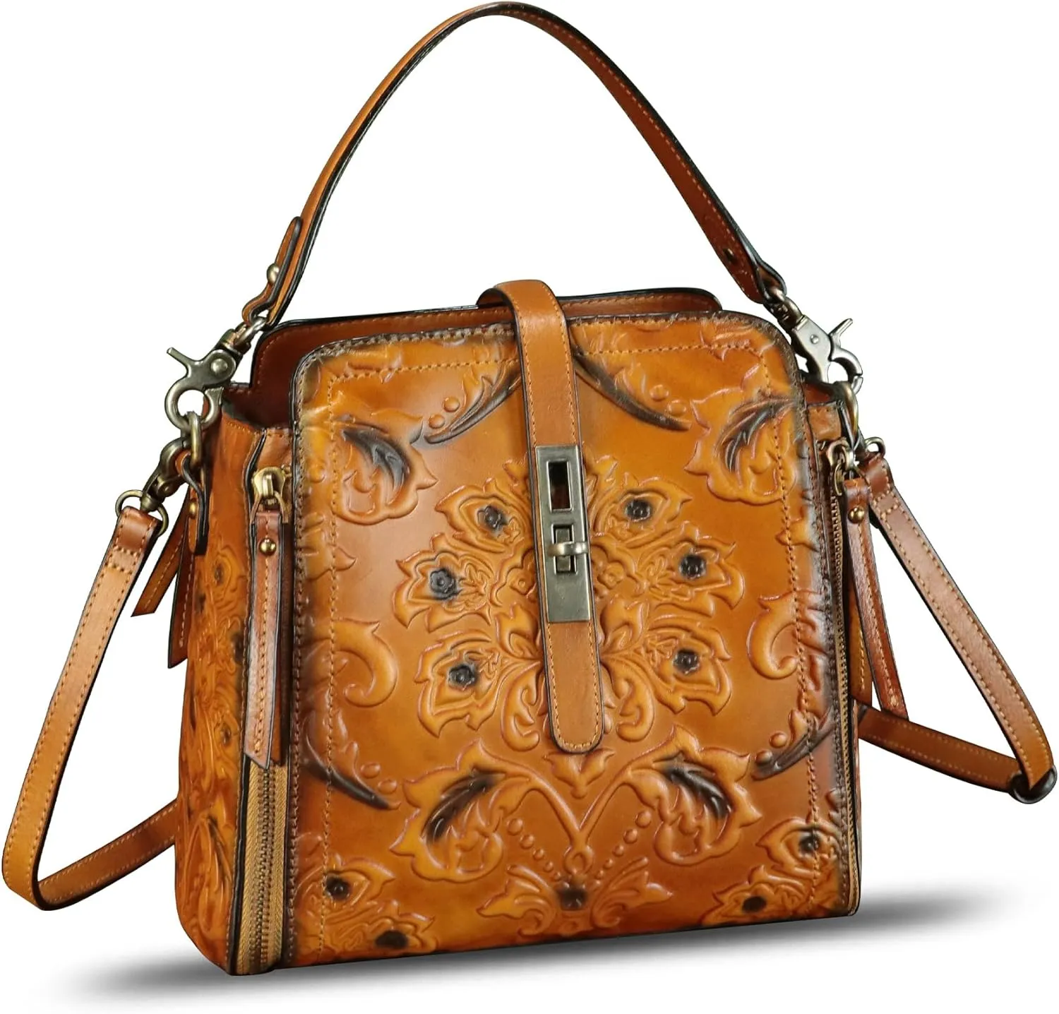 LRTO Genuine Leather Purses and Handbags for Women Retro Embossed Crossbody Shoulder Bag Satchel Pouch