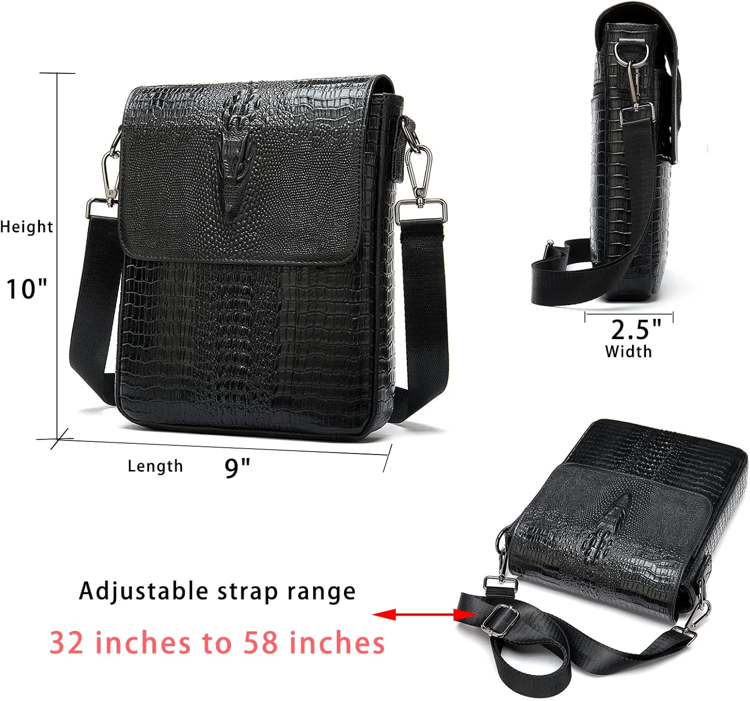 LUKZIJAES Genuine Leather Flap Messenger Bag for Men Vintage Crocodile Embossed Crossbody Small Shoulder Bags