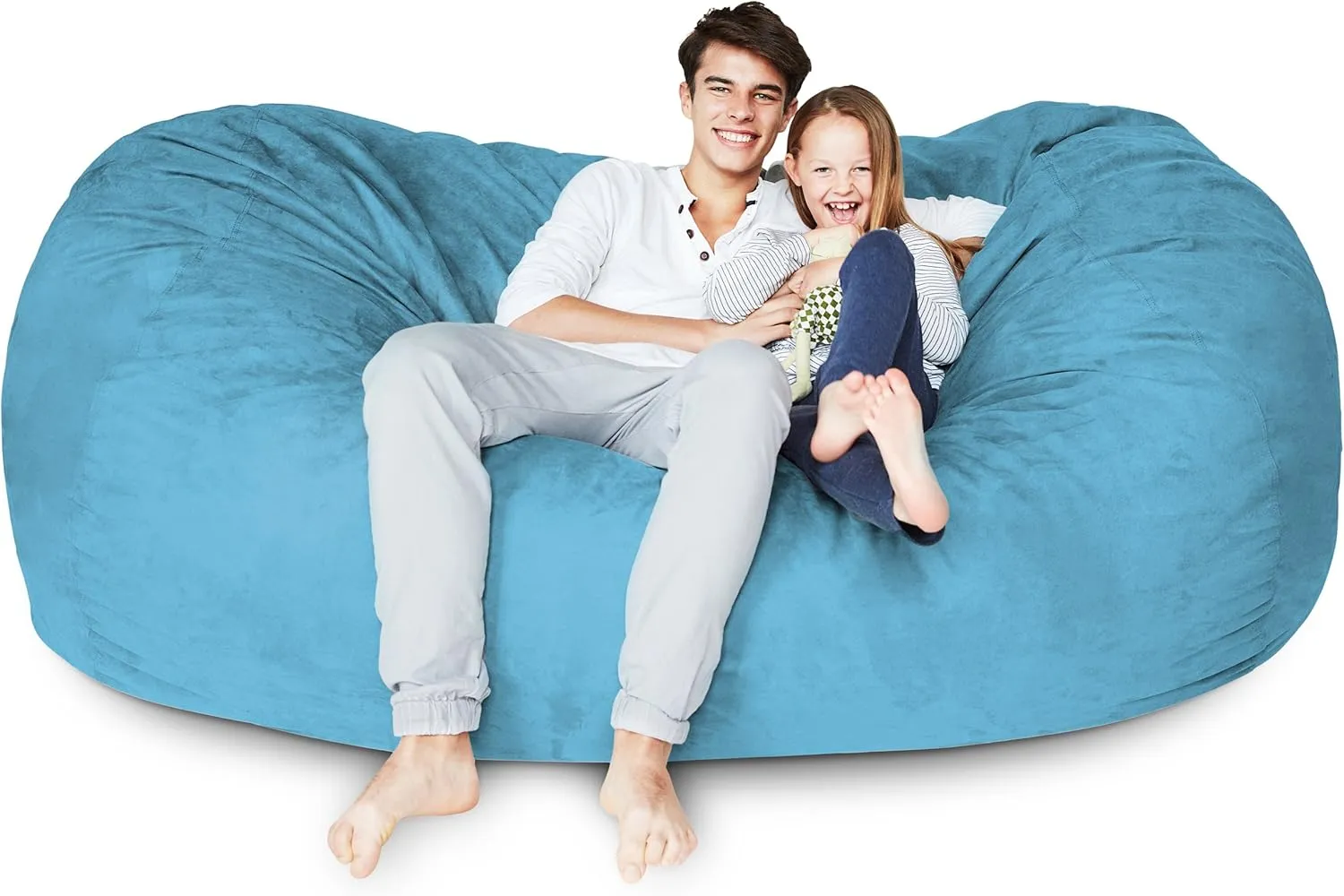 Lumaland Luxurious Giant 7ft Bean Bag Chair with Microsuede Cover - Ultra Soft, Foam Filling, Washable XXL Bean Bag Sofa for Kids, Teenagers, Adults - Sack Chair for Dorm, Family Room - Light Blue