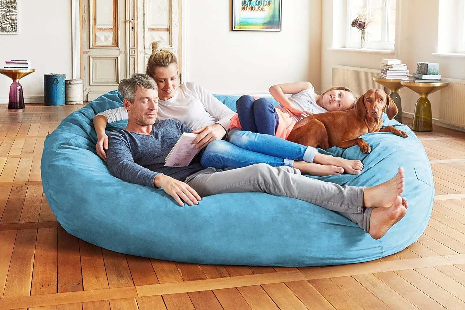 Lumaland Luxurious Giant 7ft Bean Bag Chair with Microsuede Cover - Ultra Soft, Foam Filling, Washable XXL Bean Bag Sofa for Kids, Teenagers, Adults - Sack Chair for Dorm, Family Room - Light Blue