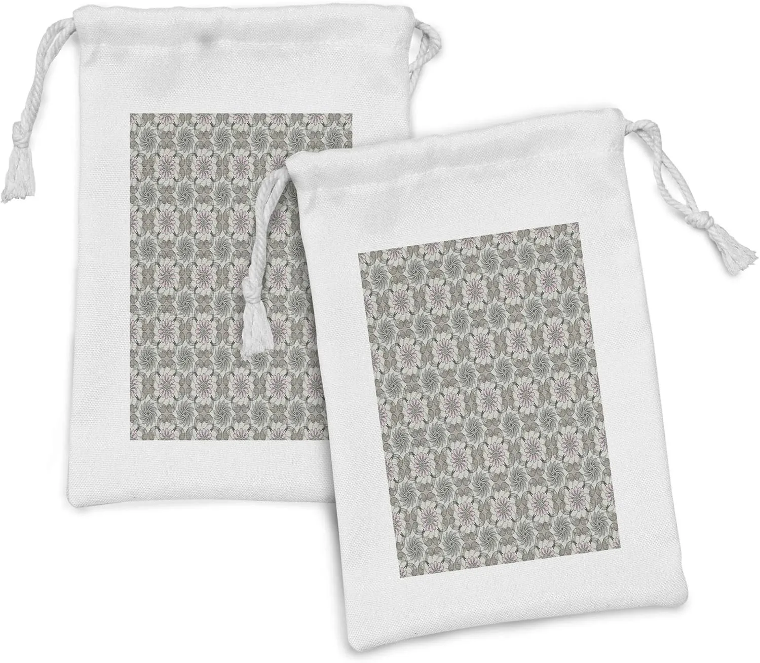 Lunarable Grey and Pink Fabric Pouch Set of 2, Pattern with Lace Style Flowers and Curls Scroll Inspired Retro Mosaic, Small Drawstring Bag for Toiletries Masks and Favors, 9" x 6", Grey Pink Black