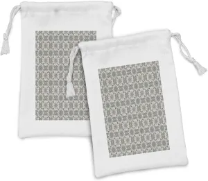 Lunarable Grey and Pink Fabric Pouch Set of 2, Pattern with Lace Style Flowers and Curls Scroll Inspired Retro Mosaic, Small Drawstring Bag for Toiletries Masks and Favors, 9" x 6", Grey Pink Black