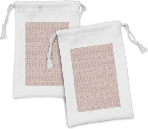Lunarable Peach Pink Fabric Pouch Set of 2, Lace Looking Like Geometrical Abstract Vertical Arranged Romantic Retro Motifs, Small Drawstring Bag for Toiletries Masks and Favors, 9" x 6", White Blush