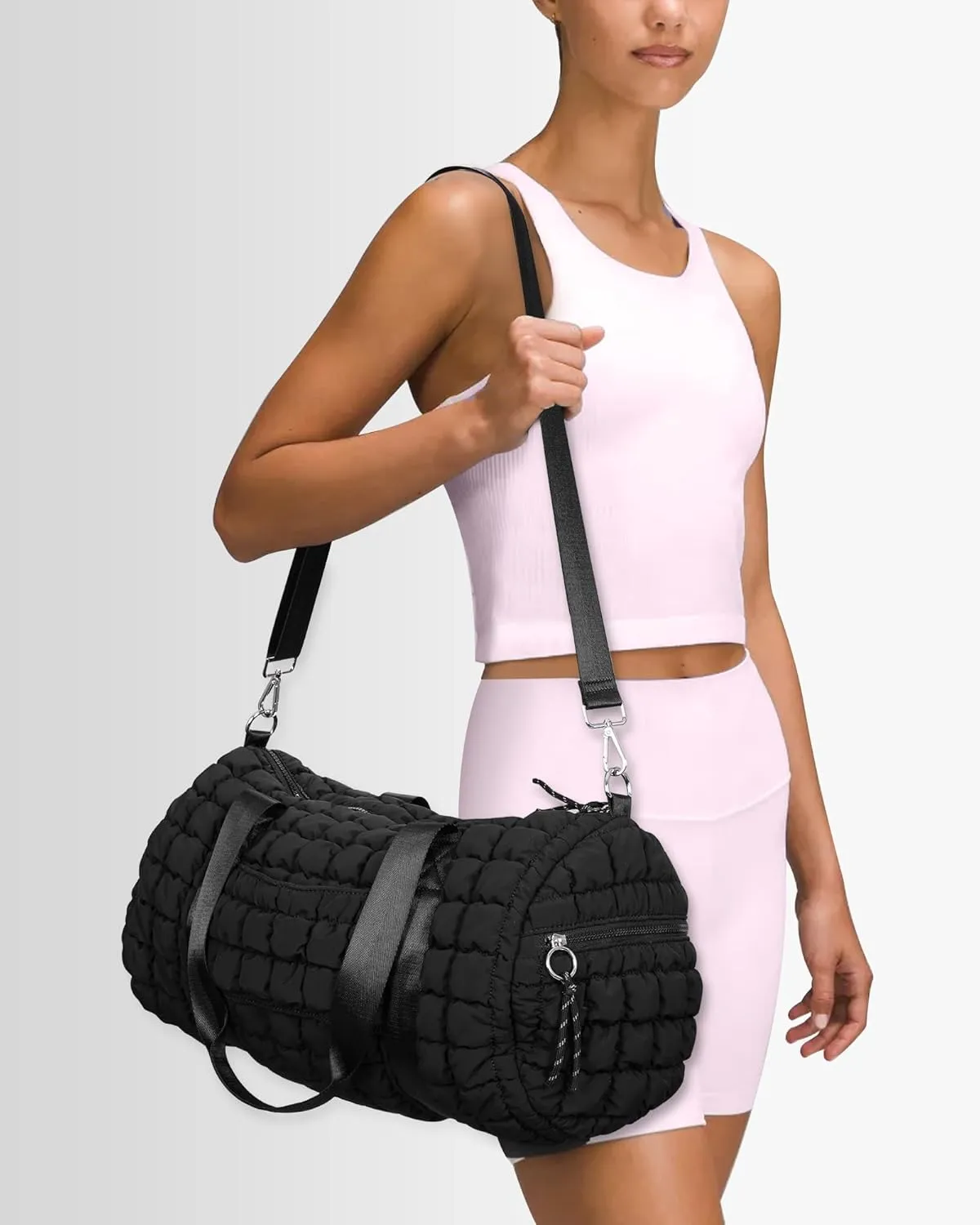 Lushandy Quilted Duffel Bag for Women, Puffer Gym Duffle Bag with Shoe Compartment Puffy Duffle Bag for Travel Overnight Carry On Bag Workout Weekend Bag, Black