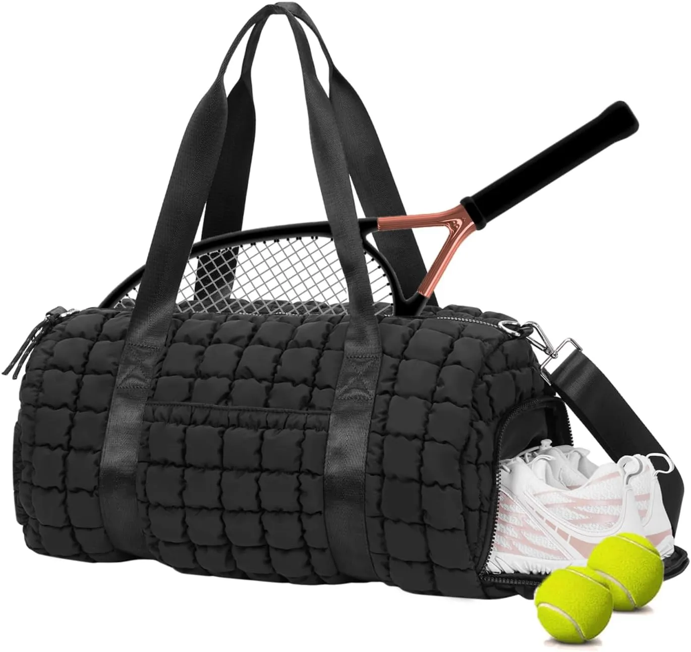 Lushandy Quilted Duffel Bag for Women, Puffer Gym Duffle Bag with Shoe Compartment Puffy Duffle Bag for Travel Overnight Carry On Bag Workout Weekend Bag, Black