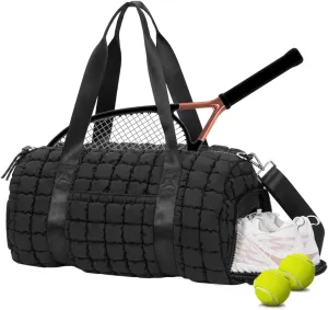Lushandy Quilted Duffel Bag for Women, Puffer Gym Duffle Bag with Shoe Compartment Puffy Duffle Bag for Travel Overnight Carry On Bag Workout Weekend Bag, Black
