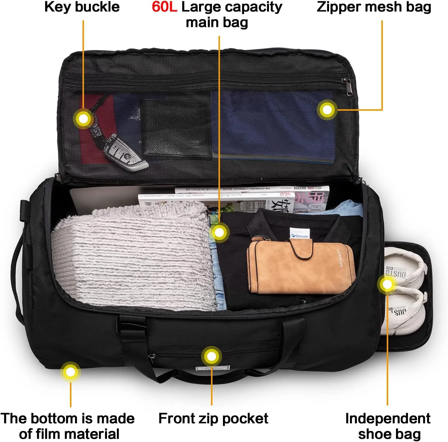 Lyweem 60L Duffle Bag for Men Travel Duffel Bag Large Size for Women Weekender Overnight with Shoes Compartment Multifunctional Gym Bags, Black