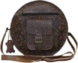 Madosh, Genuine Leather Round Crossbody Bag Women's Flower Embossed Brown Side Crossover Sling Handbag