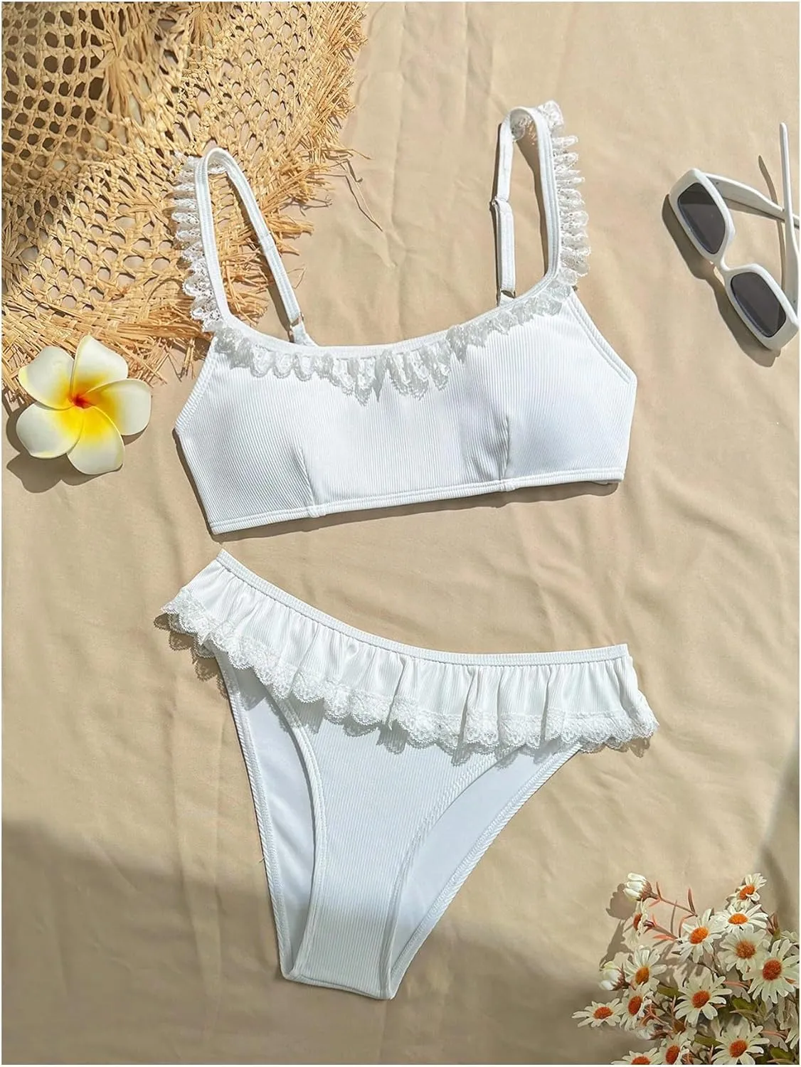 MakeMeChic Women's 2 Piece Bikini Set Lace Square Neck Spaghetti Strap Ruffle Bathing Suit Swimsuit