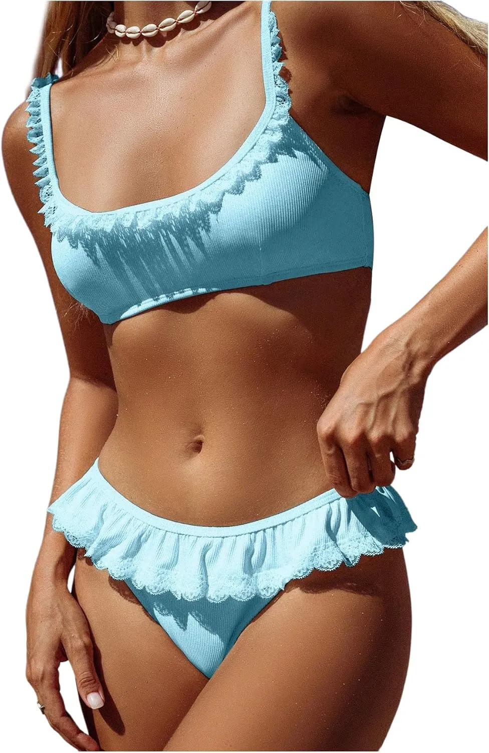 MakeMeChic Women's 2 Piece Bikini Set Lace Square Neck Spaghetti Strap Ruffle Bathing Suit Swimsuit