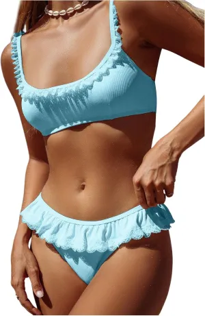 MakeMeChic Women's 2 Piece Bikini Set Lace Square Neck Spaghetti Strap Ruffle Bathing Suit Swimsuit