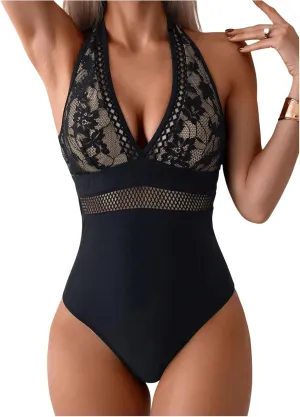MakeMeChic Women's One Piece Swimsuit Floral Lace Halter Tie Back Beach Bathing Suit