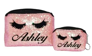 Makeup bag & coin purse sparkle Gift Set Personalized name bling sequin clutch lashes cosmetic case pouch (Neon Pink)