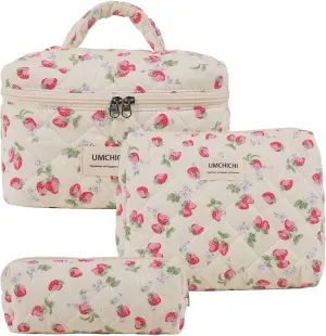 Makeup Bag, Quilted Cosmetic Bag, Large strawberry Makeup Bag for women, Cotton Makeup Set, Cute Toiltry Bag for travel.