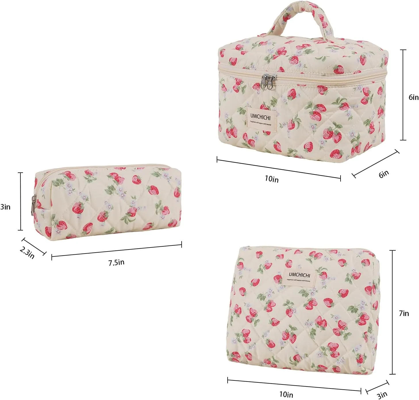 Makeup Bag, Quilted Cosmetic Bag, Large strawberry Makeup Bag for women, Cotton Makeup Set, Cute Toiltry Bag for travel.