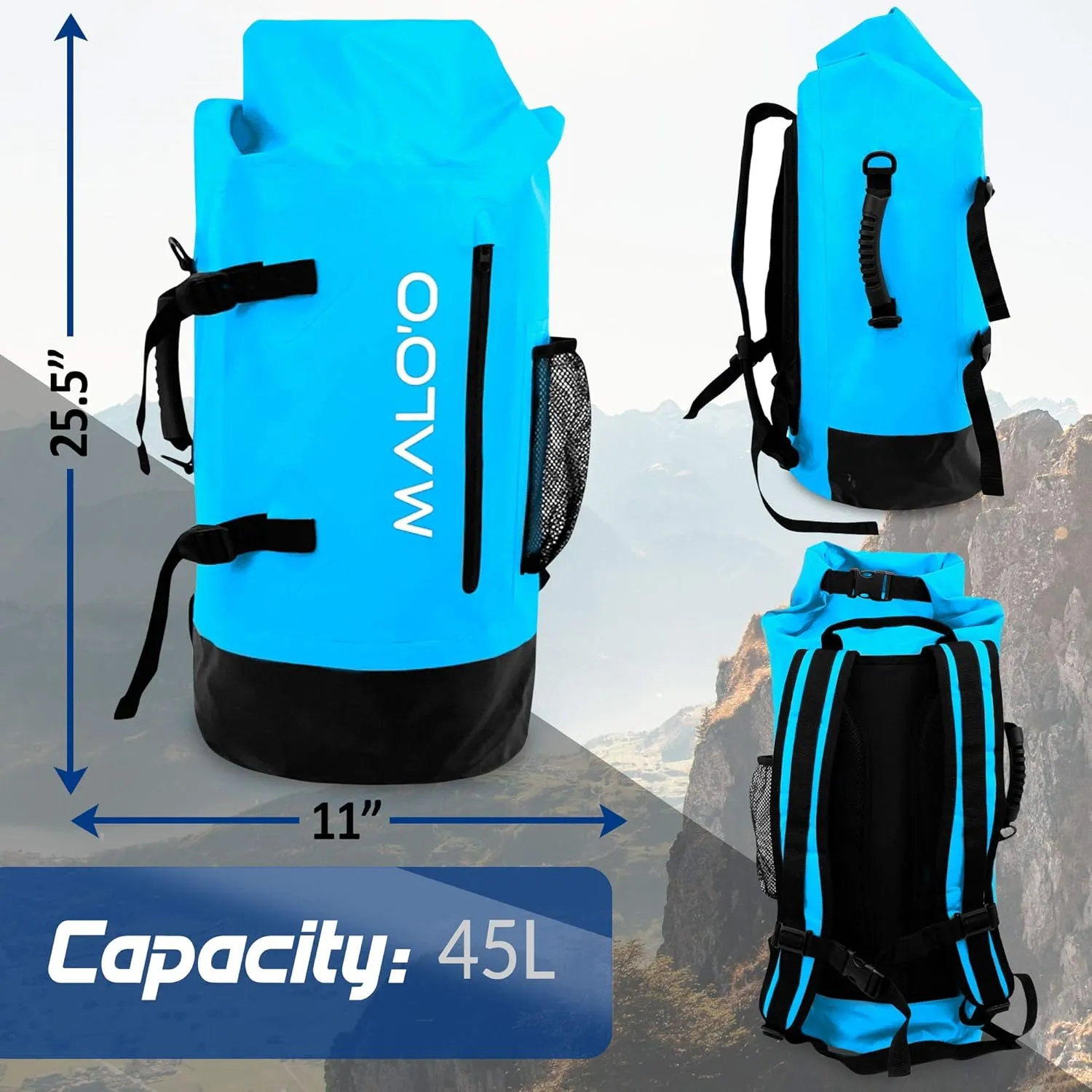 Malo'o 45L Waterproof Heavy Duty Backpack Dry Bags for Kayaking, Camping, Fishing, Hiking Daypack - Beach Accessories, Boat accessories, and Travel Gear - Fishing Rod Case Straps (Dark Blue)