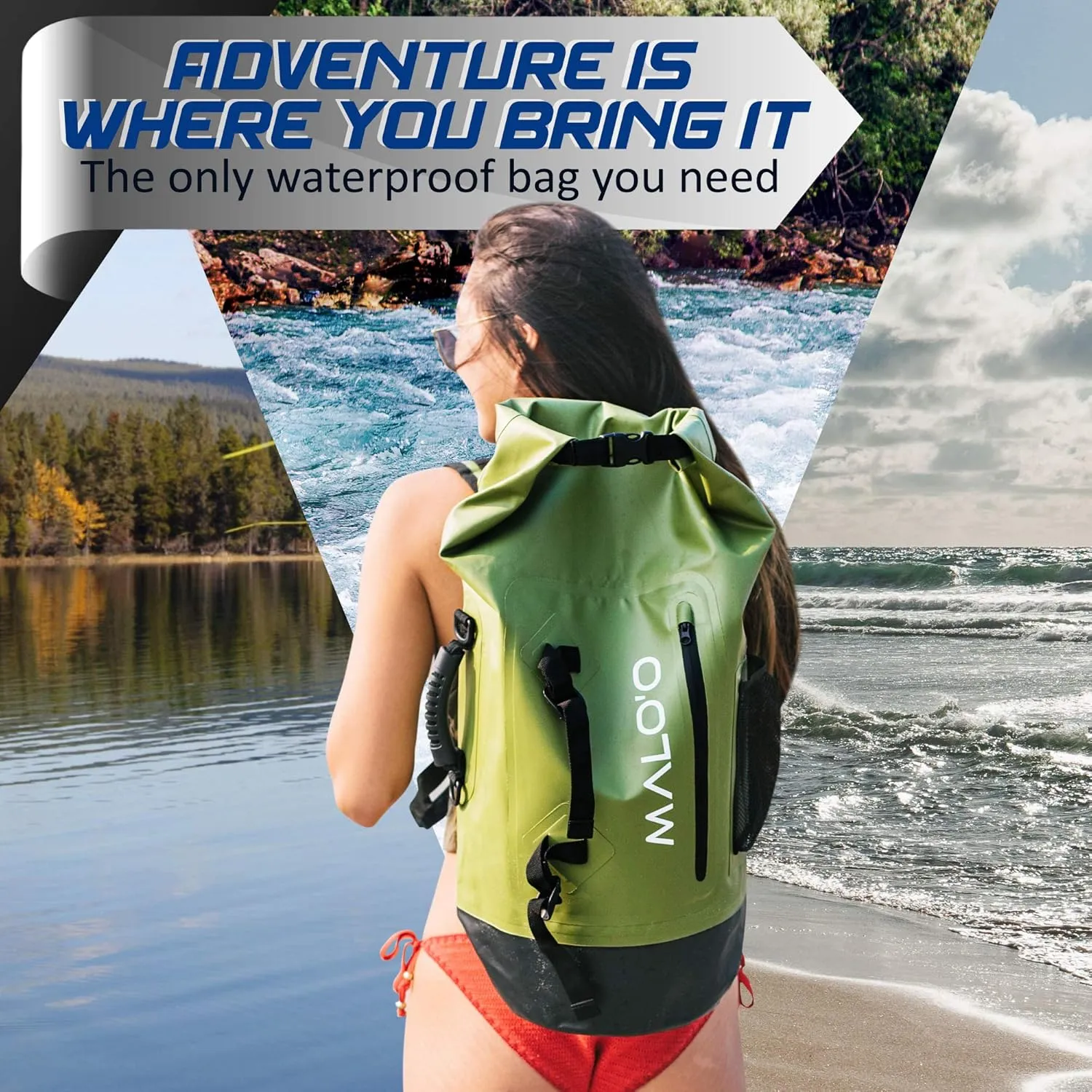 Malo'o 45L Waterproof Heavy Duty Backpack Dry Bags for Kayaking, Camping, Fishing, Hiking Daypack - Beach Accessories, Boat accessories, and Travel Gear - Fishing Rod Case Straps (Dark Blue)