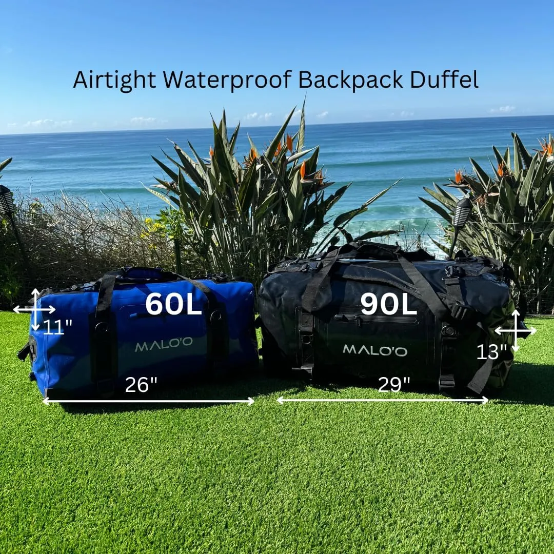 Malo'o Airtight Waterproof Adventure Duffle - Ideal for Kayaking, Camping, Beach, Fishing, Boating, Hiking - Water-Tight Zipper