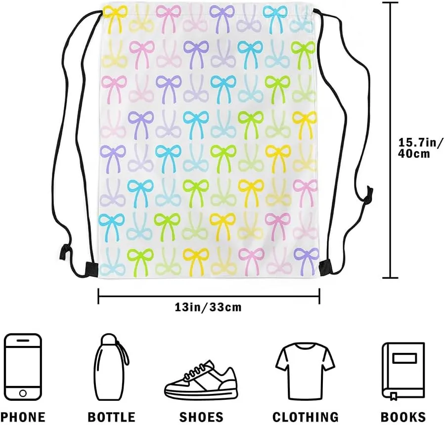 Manfei Cute Bowknot Waterproof Drawstrings Backpacks,Cartoon Princess Style Bowknot Striped Bags for Shopping Travelling,Watercolor Rainbow Gradient Bow-tie Sackpacks Gym Swim Packs Daypack