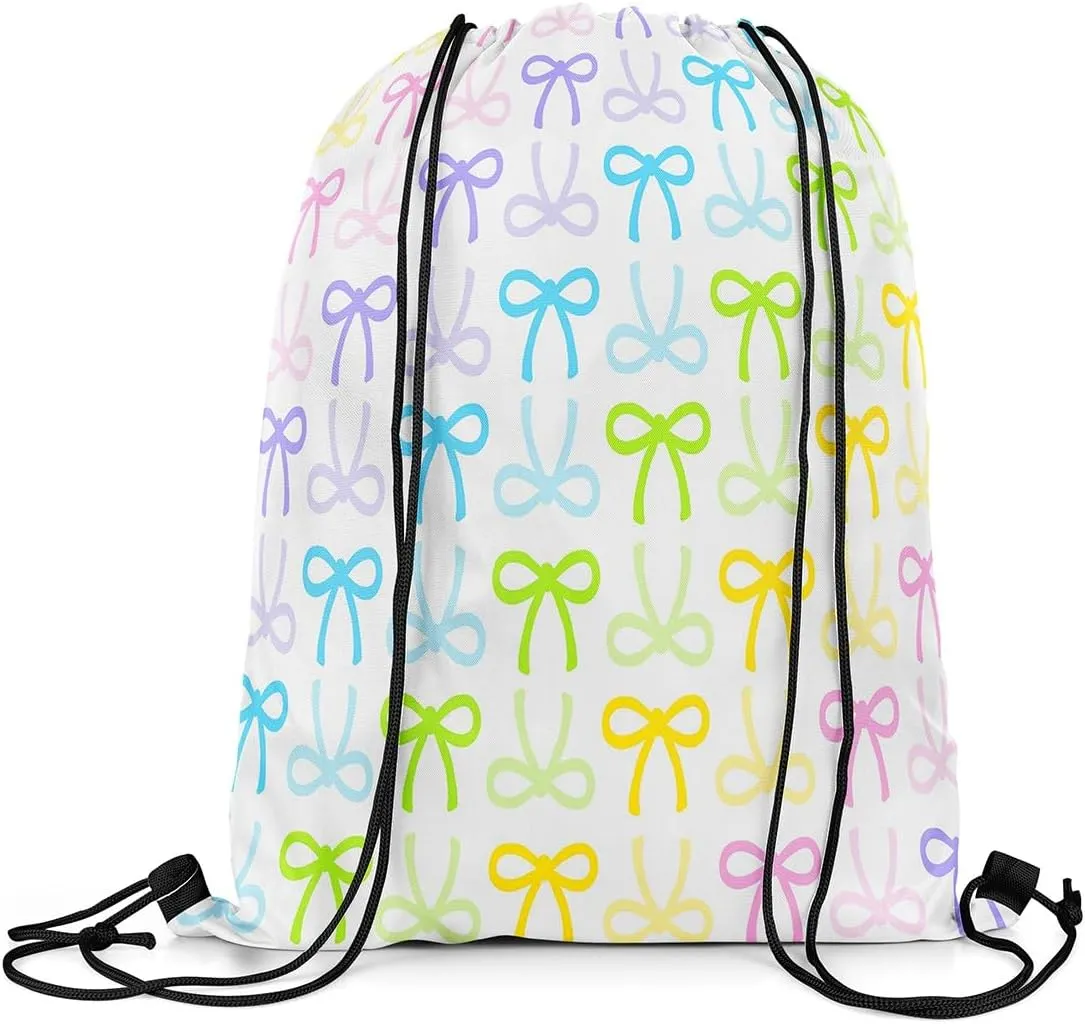Manfei Cute Bowknot Waterproof Drawstrings Backpacks,Cartoon Princess Style Bowknot Striped Bags for Shopping Travelling,Watercolor Rainbow Gradient Bow-tie Sackpacks Gym Swim Packs Daypack