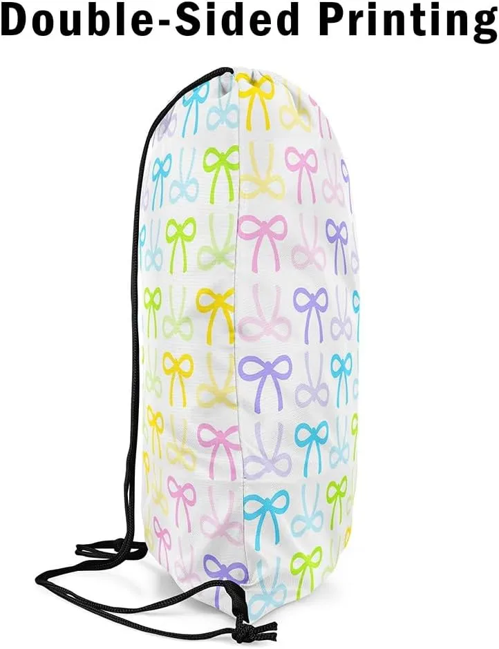 Manfei Cute Bowknot Waterproof Drawstrings Backpacks,Cartoon Princess Style Bowknot Striped Bags for Shopping Travelling,Watercolor Rainbow Gradient Bow-tie Sackpacks Gym Swim Packs Daypack