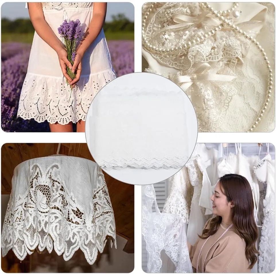 MAYJOYDIY 15yards 5.1inch Wide White Flower Cotton Eyelet Lace Ribbon Wavy Edged Floral Embroidery Eyelet Sewing Trim Ruffle Lace Trim for Dress Pillow Dolls Pets Clothes Bag Sewing