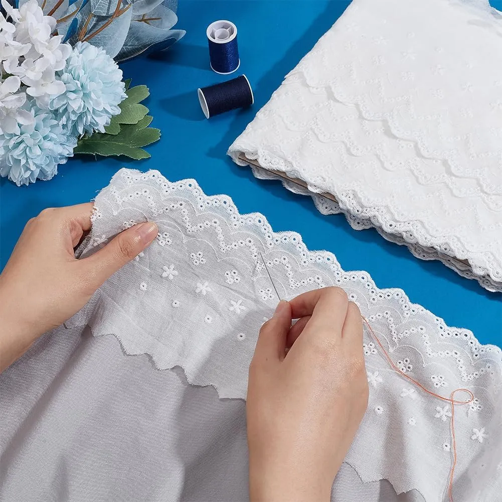 MAYJOYDIY 15yards 5.1inch Wide White Flower Cotton Eyelet Lace Ribbon Wavy Edged Floral Embroidery Eyelet Sewing Trim Ruffle Lace Trim for Dress Pillow Dolls Pets Clothes Bag Sewing