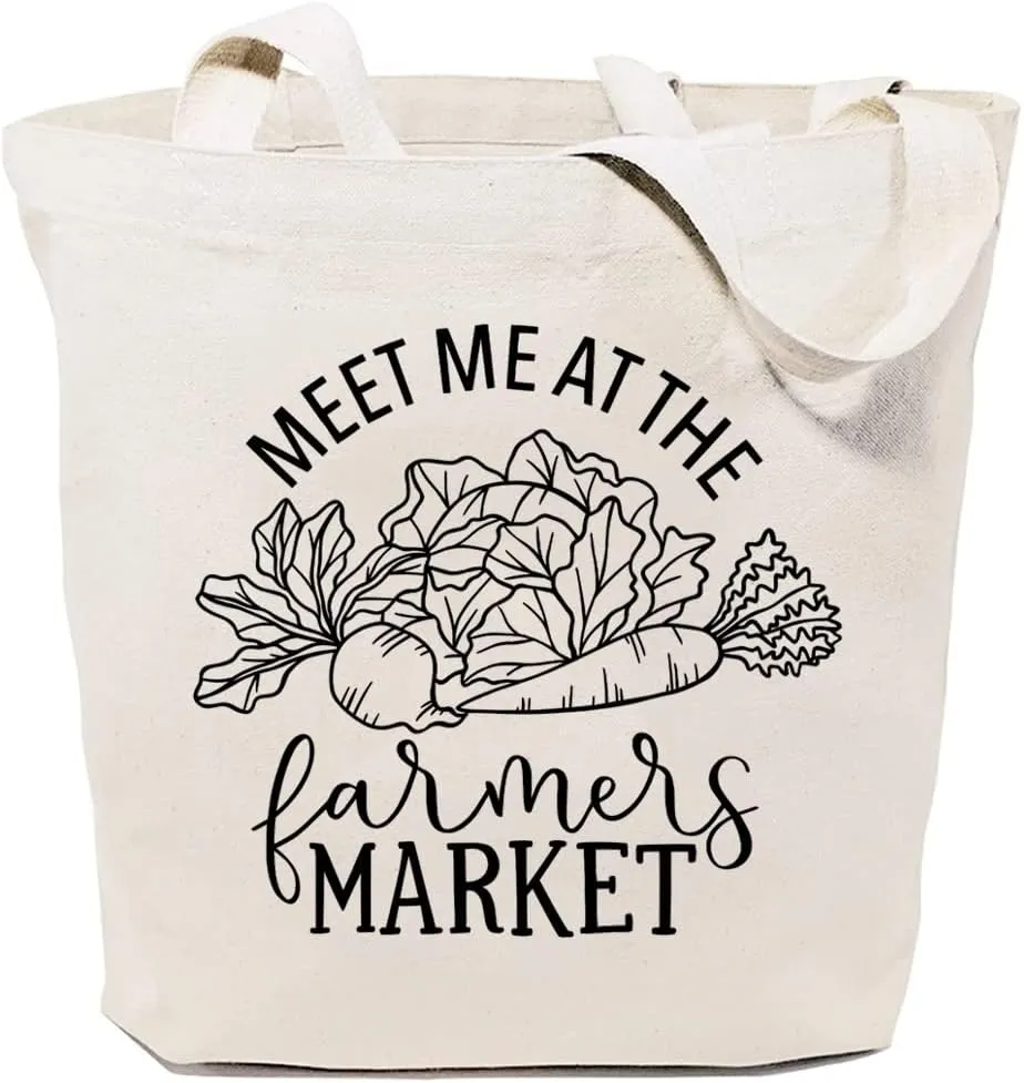 Meet Me at the Farmers Market Canvas Tote Bag for Women Aesthetic Vegetables Reusable Grocery Shoulder Shopping Bags