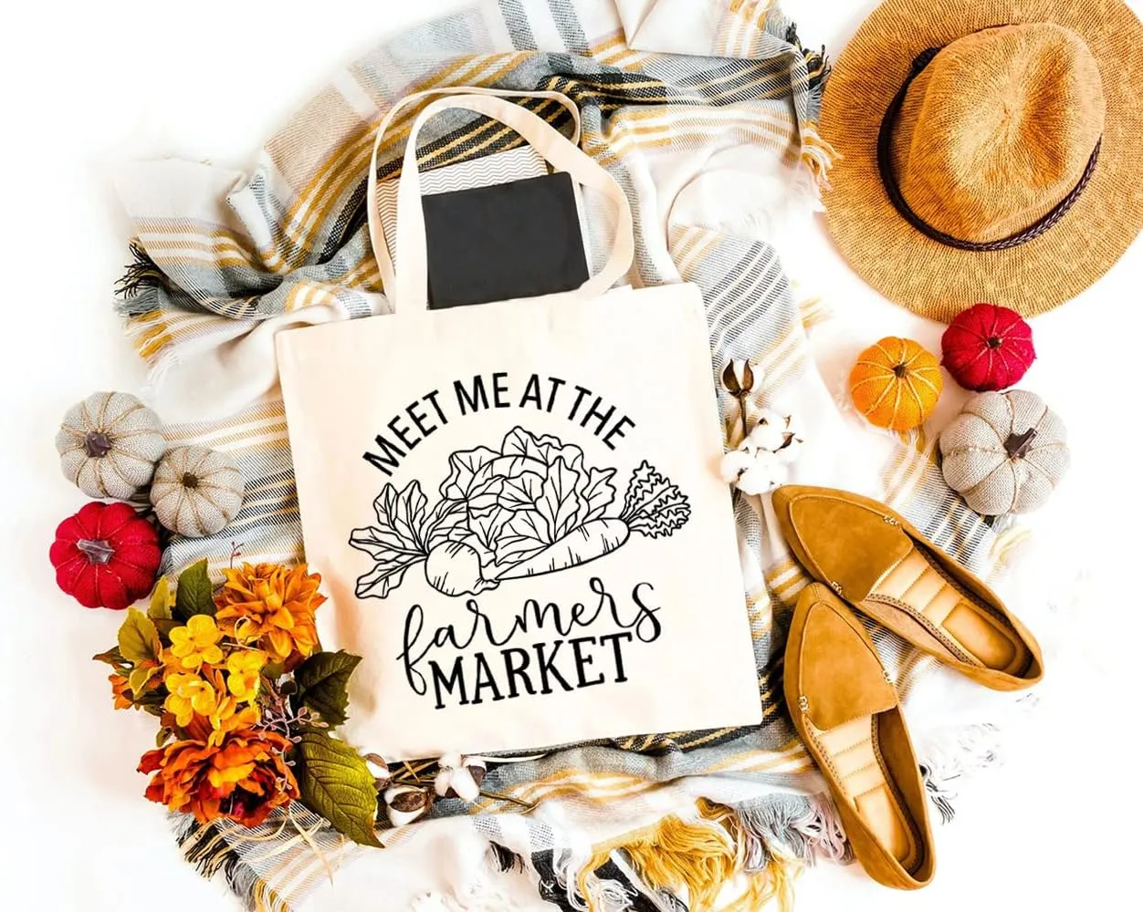 Meet Me at the Farmers Market Canvas Tote Bag for Women Aesthetic Vegetables Reusable Grocery Shoulder Shopping Bags