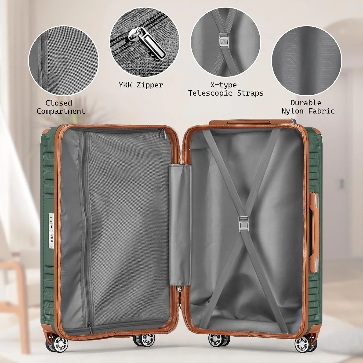 Melalenia Luggage Sets 5 Piece with Duffel Bag, Hard Shell Carry on Suitcase with Spinner Wheels and TSA Lock, Travel Lightweight Luggage Set for Women, Green Brown