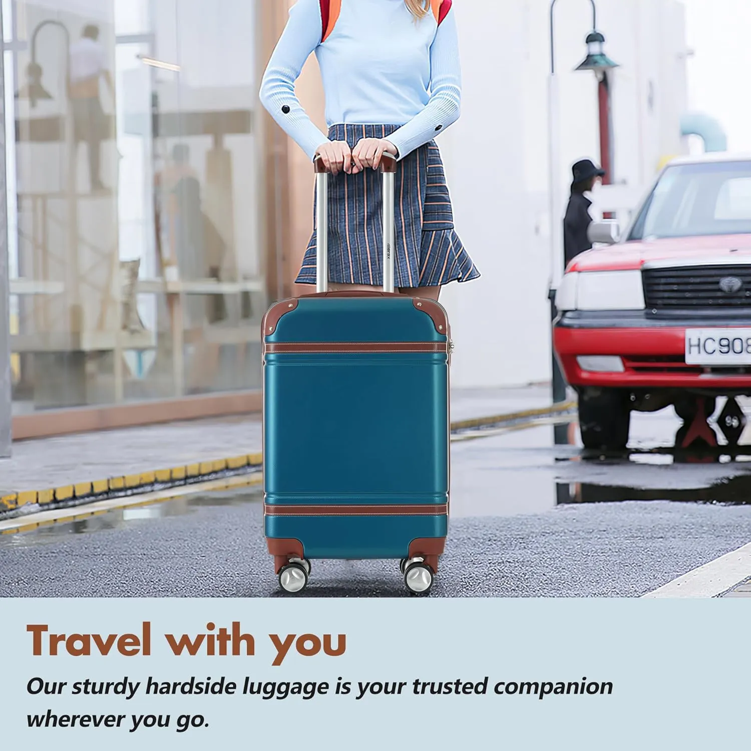 Merax Carry On Luggage 20 Inch Suitcase with Spinner Wheels, Hard Shell Vintage Luggage Set with Duffel Bag (Blue)