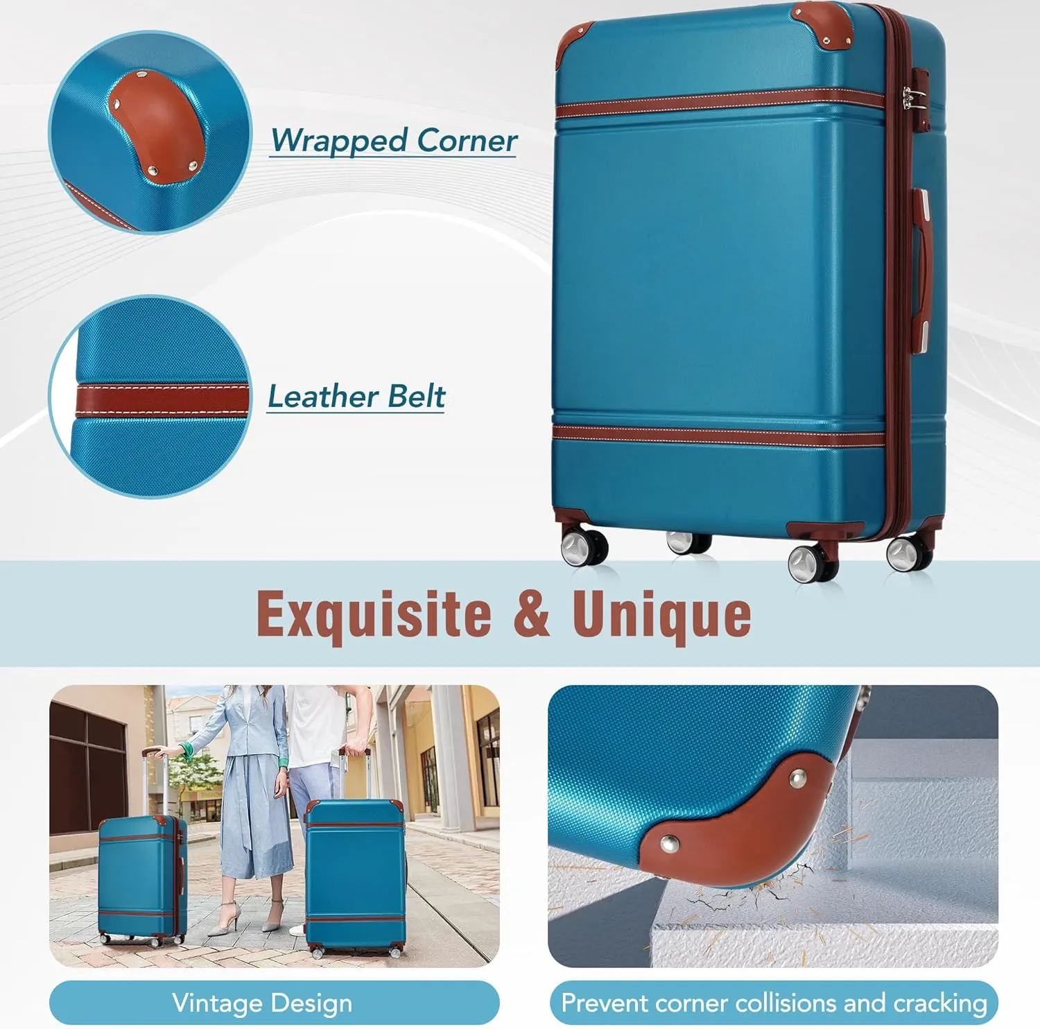 Merax Carry On Luggage 20 Inch Suitcase with Spinner Wheels, Hard Shell Vintage Luggage Set with Duffel Bag (Blue)