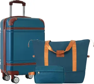 Merax Carry On Luggage 20 Inch Suitcase with Spinner Wheels, Hard Shell Vintage Luggage Set with Duffel Bag (Blue)