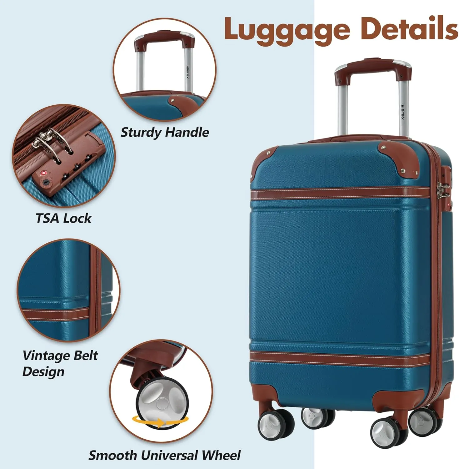 Merax Carry On Luggage 20 Inch Suitcase with Spinner Wheels, Hard Shell Vintage Luggage Set with Duffel Bag (Blue)