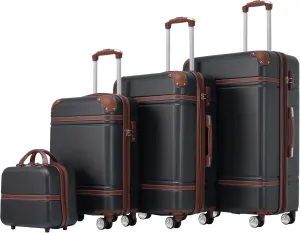Merax Luggage 4Pc Hardshell Suitcase Travel with Spinner Wheel, Black and Brown, 4-Piece Set