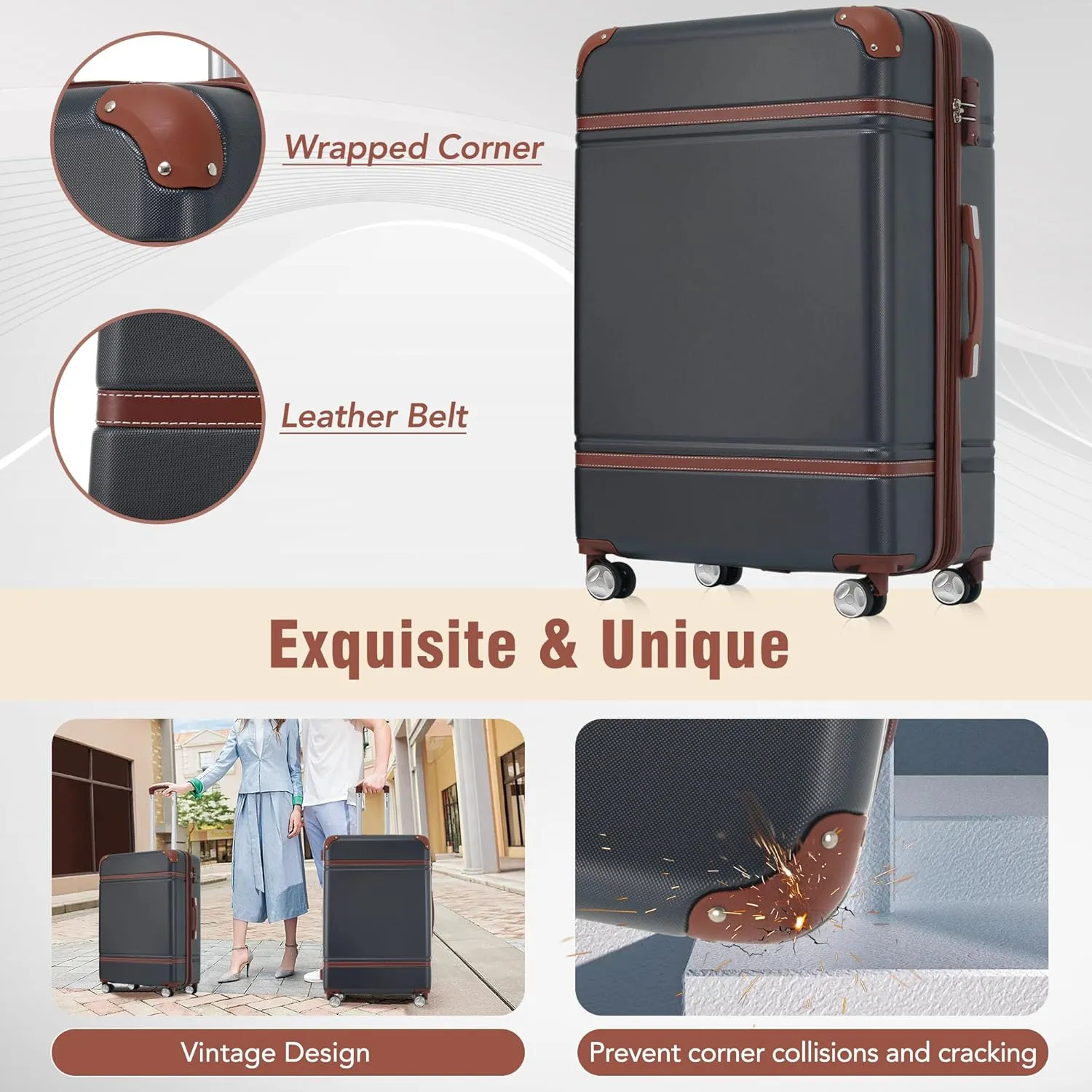 Merax Luggage 4Pc Hardshell Suitcase Travel with Spinner Wheel, Black and Brown, 4-Piece Set