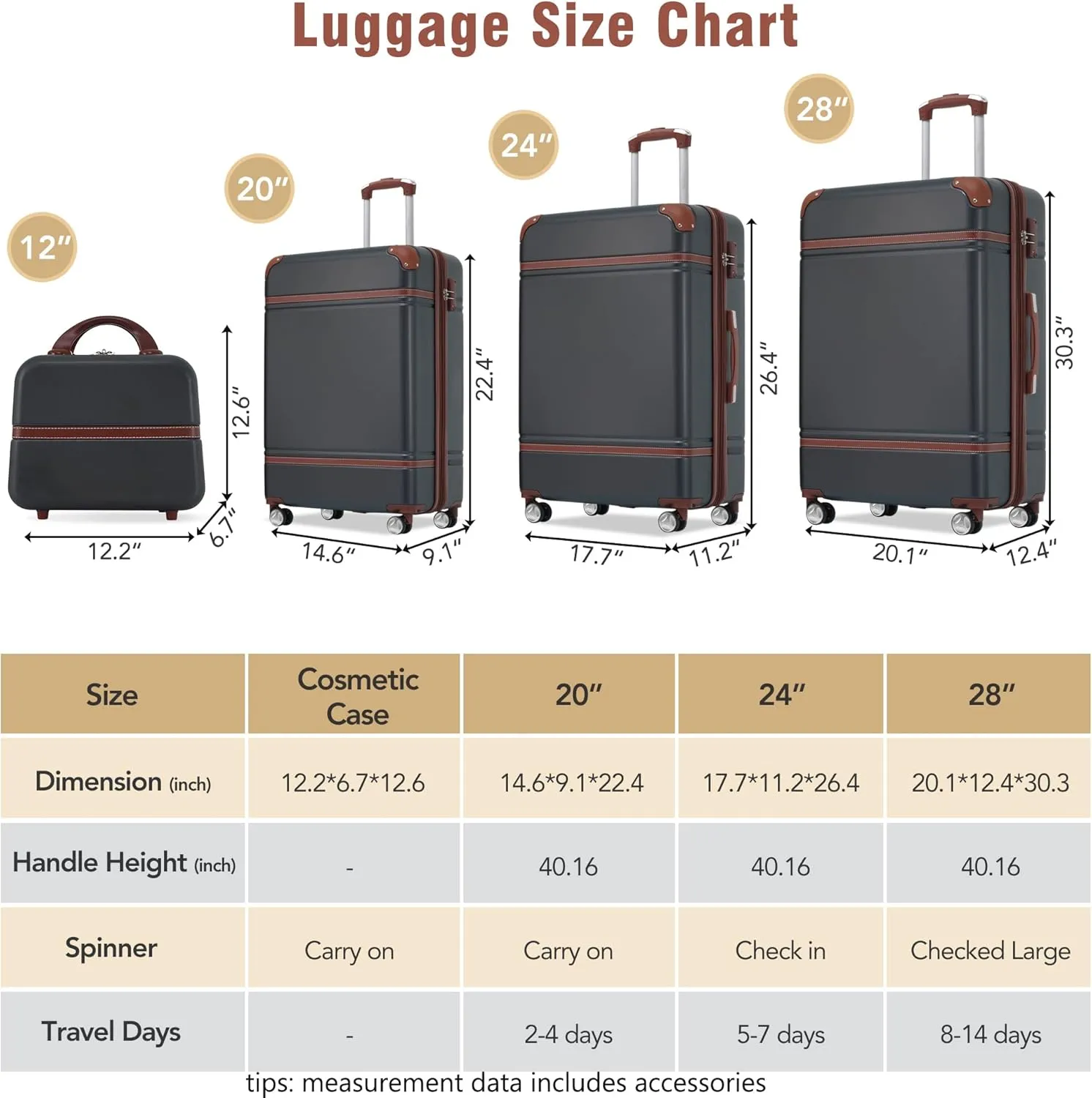 Merax Luggage 4Pc Hardshell Suitcase Travel with Spinner Wheel, Black and Brown, 4-Piece Set