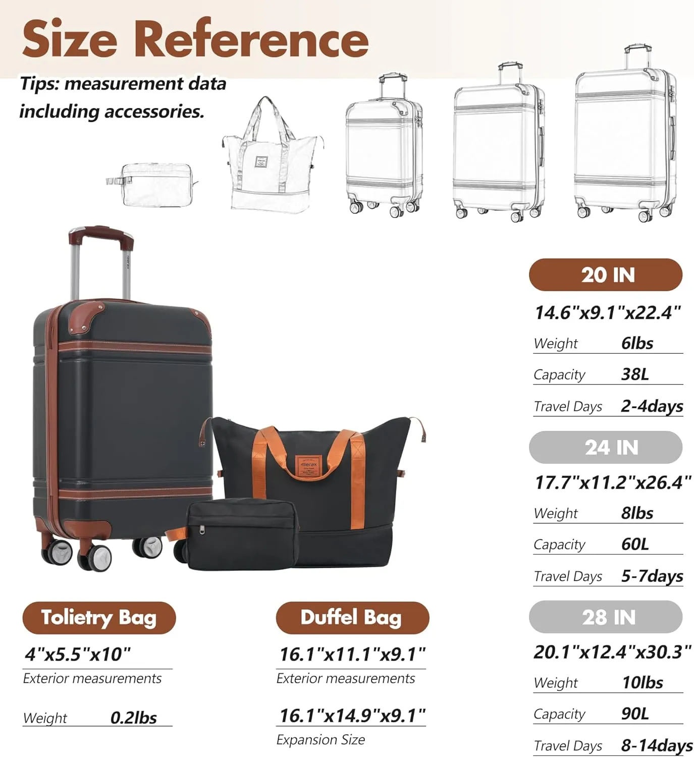 Merax Suitcase Set 20 inches Carry On Travel Luggage TSA Lock Spinner Wheels Hardshell Lightweight Vintage Luggage with Travel Bag,Black