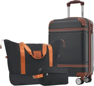 Merax Suitcase Set 20 inches Carry On Travel Luggage TSA Lock Spinner Wheels Hardshell Lightweight Vintage Luggage with Travel Bag,Black