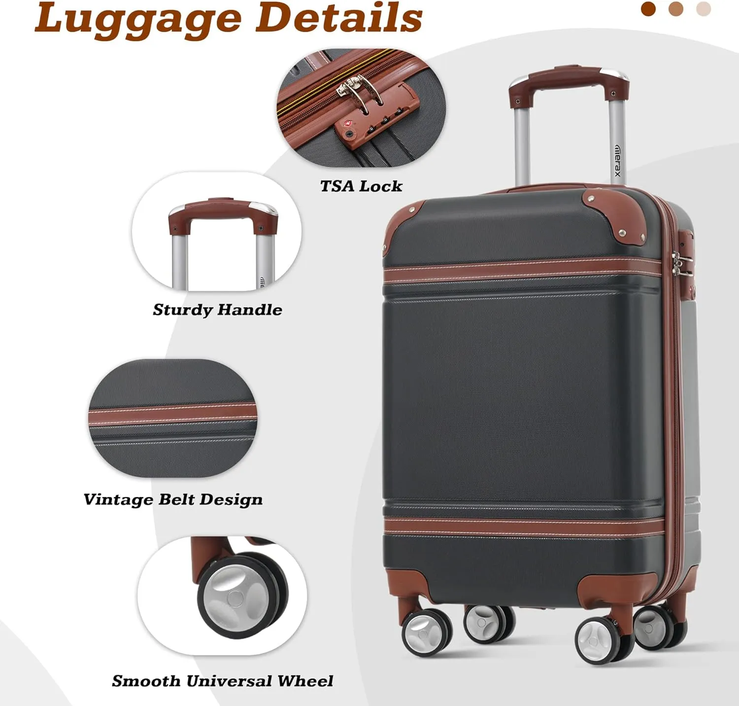 Merax Suitcase Set 20 inches Carry On Travel Luggage TSA Lock Spinner Wheels Hardshell Lightweight Vintage Luggage with Travel Bag,Black