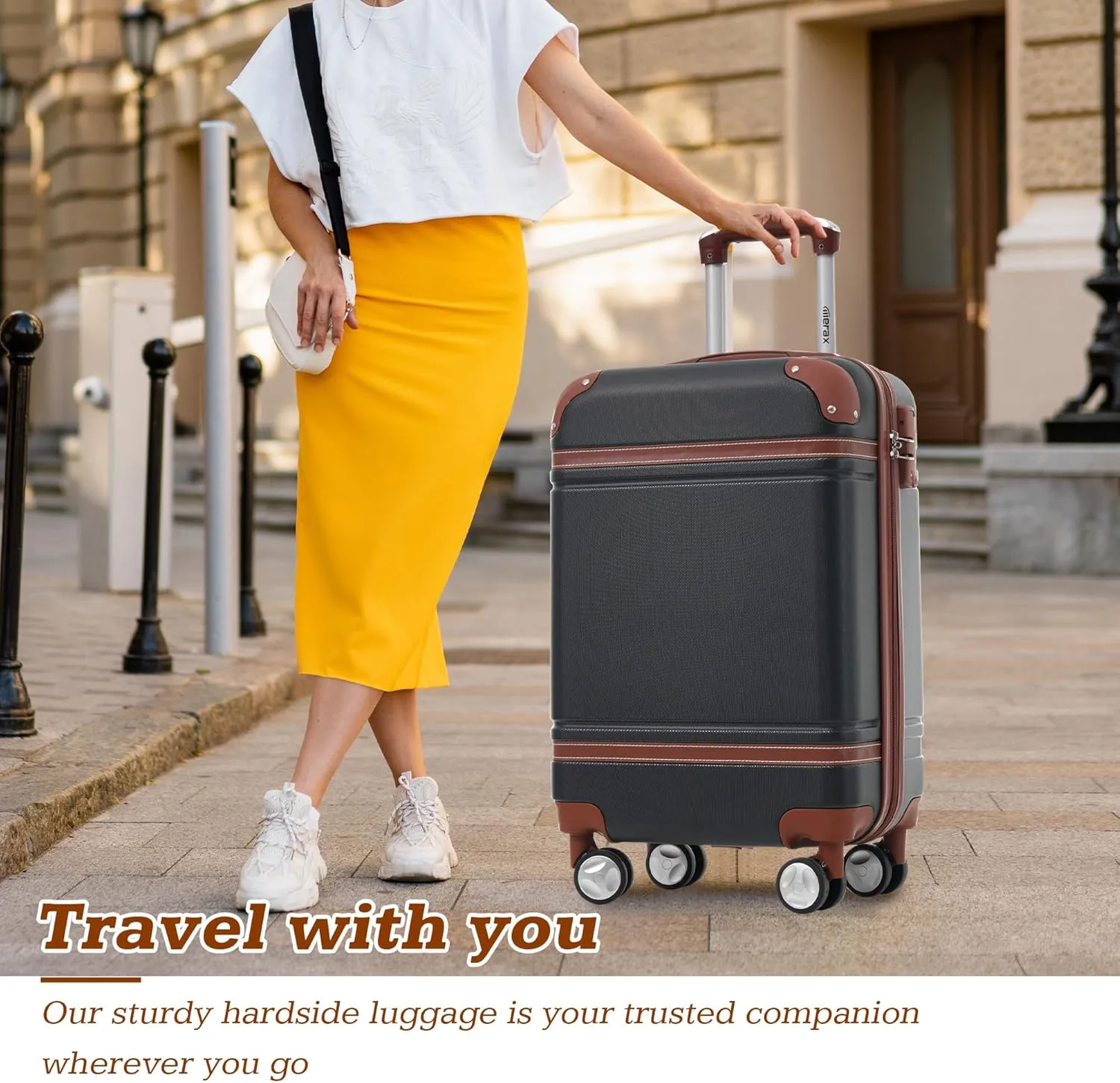 Merax Suitcase Set 20 inches Carry On Travel Luggage TSA Lock Spinner Wheels Hardshell Lightweight Vintage Luggage with Travel Bag,Black