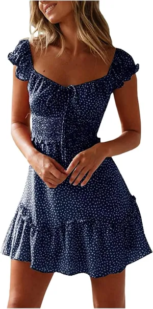 Milk Maid Dress for Women 2025 Casual Sexy Heart Neckline Ruffled Sleeve Floral Print Summer Dress with Elastic Waist