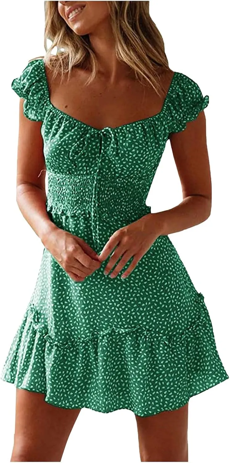 Milk Maid Dress for Women 2025 Casual Sexy Heart Neckline Ruffled Sleeve Floral Print Summer Dress with Elastic Waist